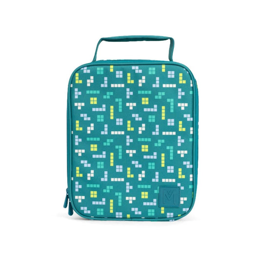 insulated lunch bag with geometric pattern on a white background
