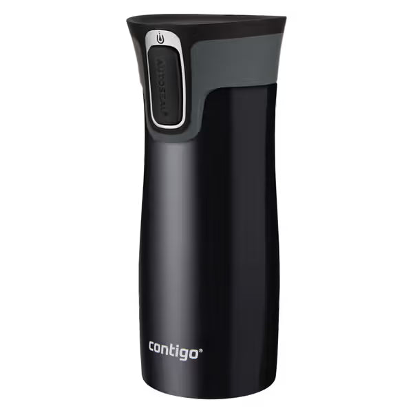 A Contigo travel tumbler in black with a dark gray top band and a silver 'AUTO SEAL' button