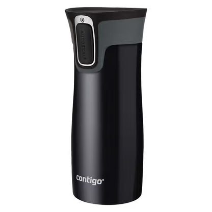 A Contigo travel tumbler in black with a dark gray top band and a silver 'AUTO SEAL' button