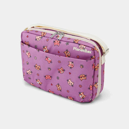 Purple pouch with cat pattern and 'PlanetBox' branding on a white background