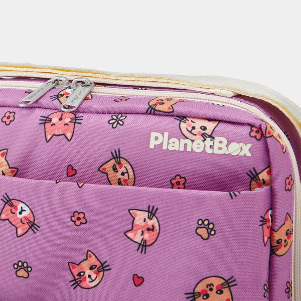 Purple lunch box with cat pattern and 'PlanetBox' branding