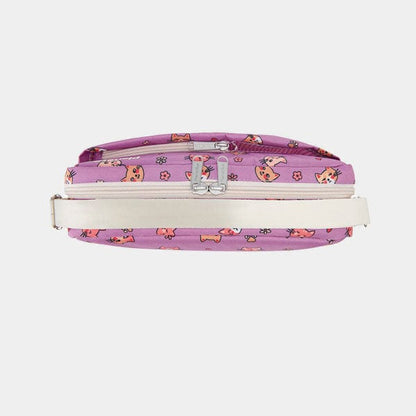 Purple cosmetic bag with cat pattern on a white background