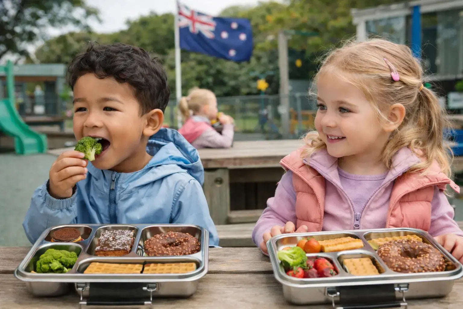 Children enjoying lunch from stainless steel bento lunchboxes at school – LunchBox Inc NZ