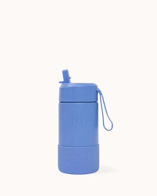 Blue water bottle with a strap on a white background
