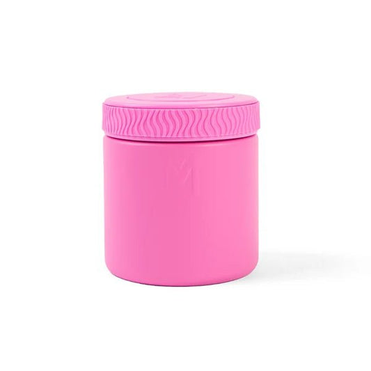 A bright pink cylindrical container with a matching screw-top lid, shown on a clean white background.