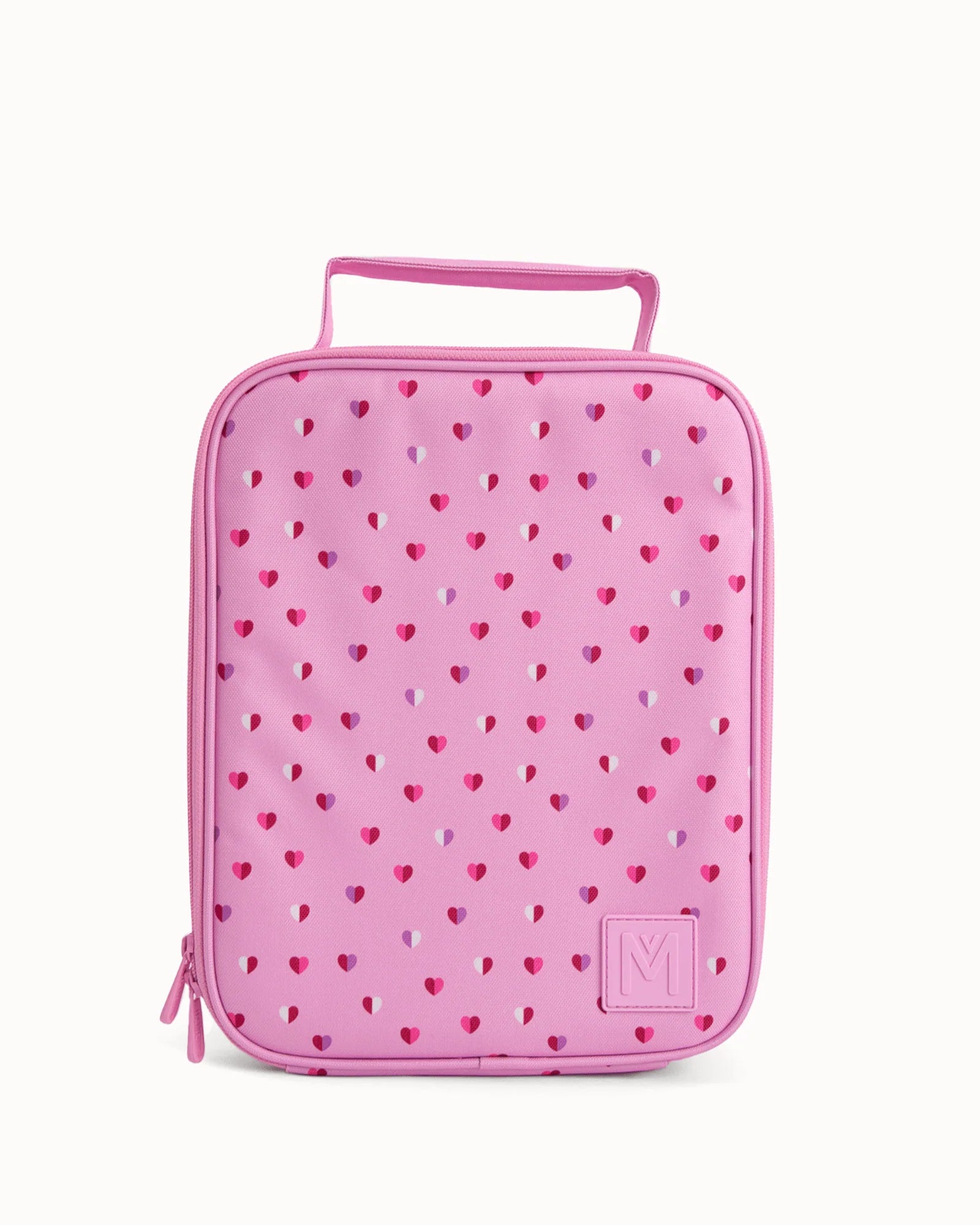 Pink heart-patterned lunch bag with a handle on a white background

