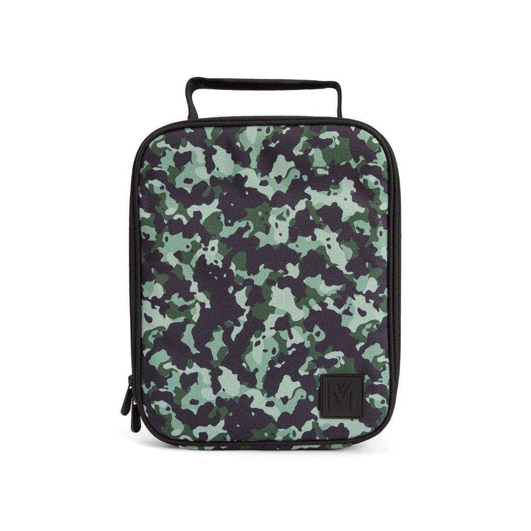 Camouflage-patterned lunch bag on a white background

