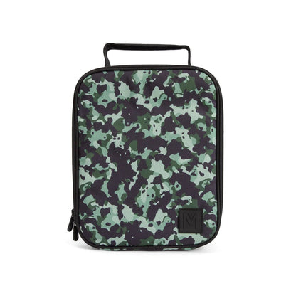 Camouflage-patterned lunch bag on a white background

