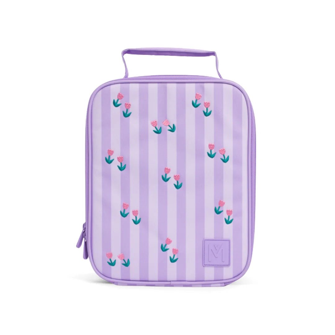 Purple rectangular pouch with floral pattern on a white background

