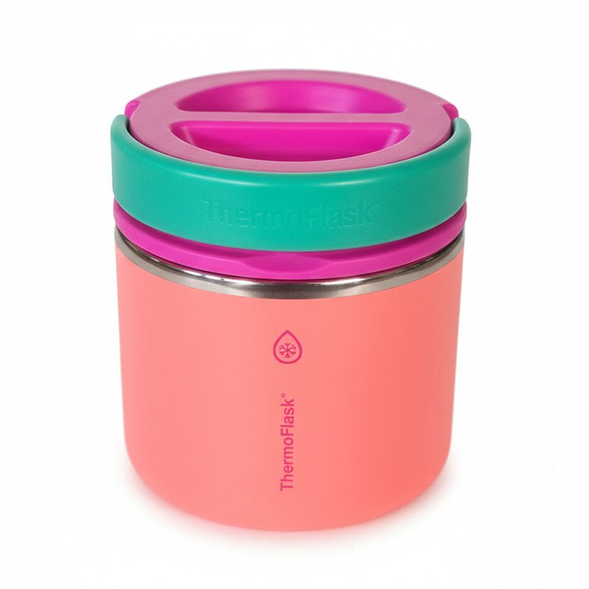 Thermos jar with pink and teal lid on a white background

