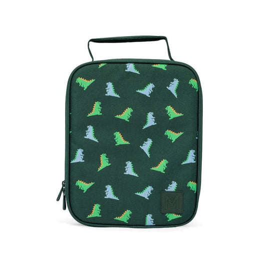 A dark green insulated lunch bag with a top handle, featuring a repeating pattern of colorful dinosaur silhouettes in green, light blue, and yellow. A black leather patch with a white 'M' logo is on the bottom right corner.