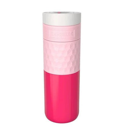 A pink insulated travel tumbler with a white lid, featuring a textured light pink upper section and a glossy hot pink lower section, shown on a plain white background.