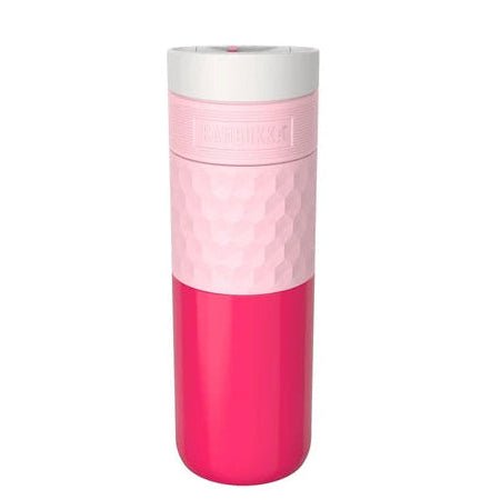 A pink insulated travel tumbler with a white lid, featuring a textured light pink upper section and a glossy hot pink lower section, shown on a plain white background.