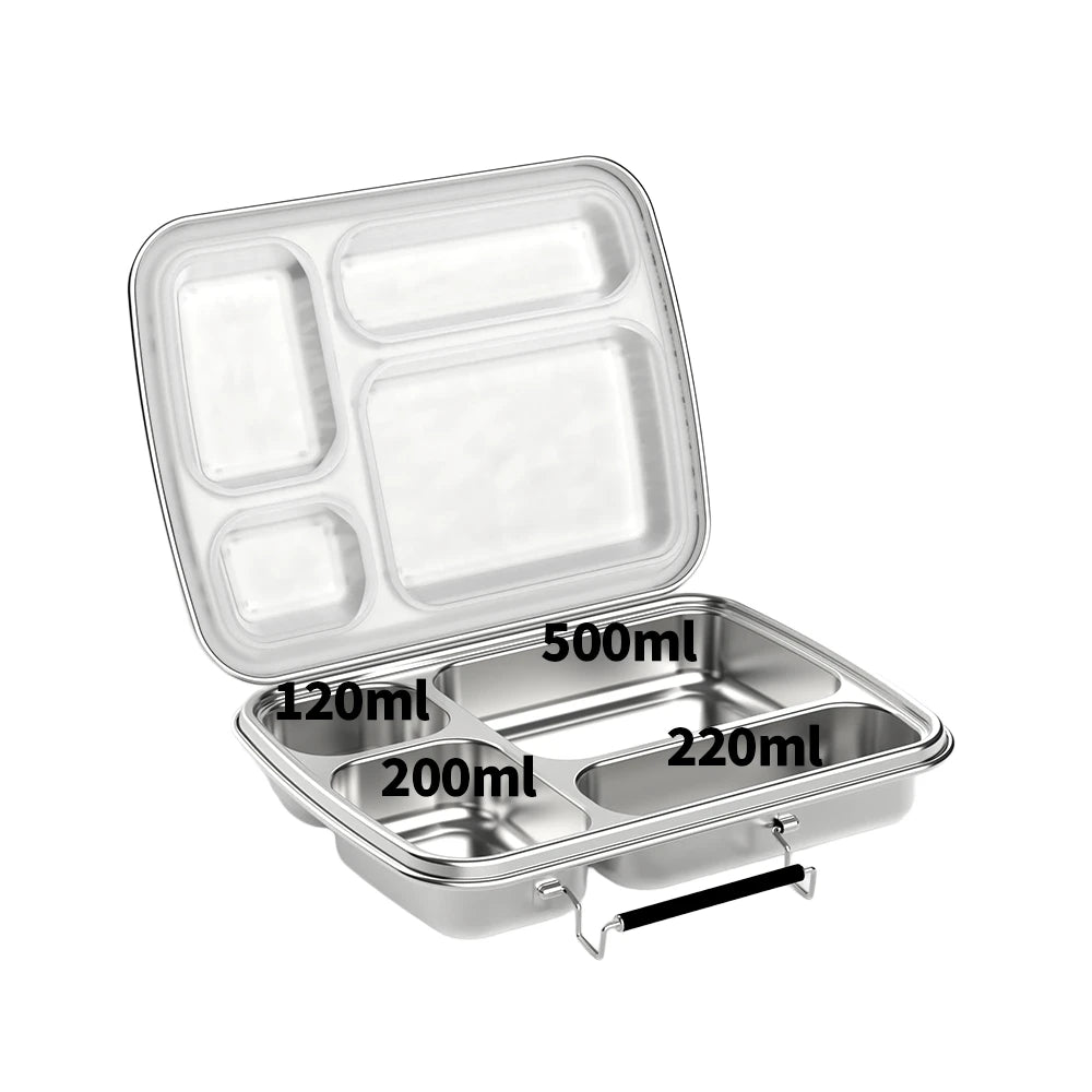 Stainless steel compartmentalized food container with measurements 
