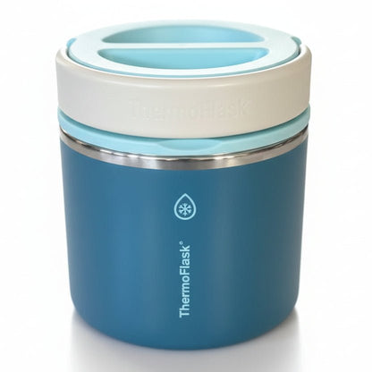 Blue thermos with white lid on a white background

